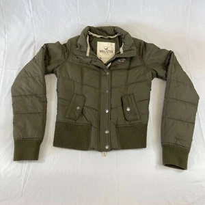 Womens Juniors M Hollister Puffer Jacket Two Way Zipper and Button Closure Green - Picture 1 of 5