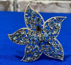 Vintage  Bridal Blue Rhinestone Flower Brooch - Pin w/Antiqued Silver Tone - Picture 1 of 6