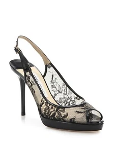 JIMMY CHOO NOVA BLACK LOVELY LACE PATENT OPEN TOE SLINGBACKS EU 42 I LOVE SHOES - Picture 1 of 6