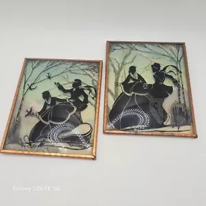 Vintage Pair of Reverse Painted Silhouettes on Convex Glass from 1940-50's - Bild 1 von 10