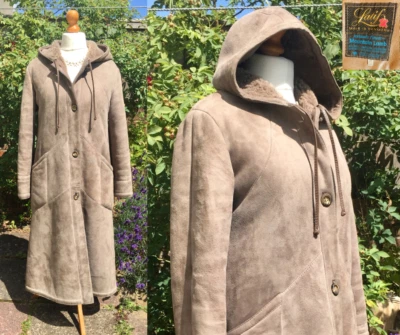 Vintage Long Sheepskin Coat 🧥LATIF (Norway) A-line | Hood, BROWN (40) UK Medium - Image 1 of 4