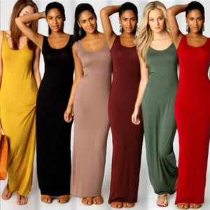 Women's Long Maxi Dress Ladies Plain Racer Muscle Back Vest Stretch Jersey 8-26 - Picture 1 of 25
