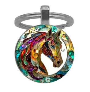Porte-clés, bijou de sac cabochon tête de cheval multicolore. - Picture 1 of 5
