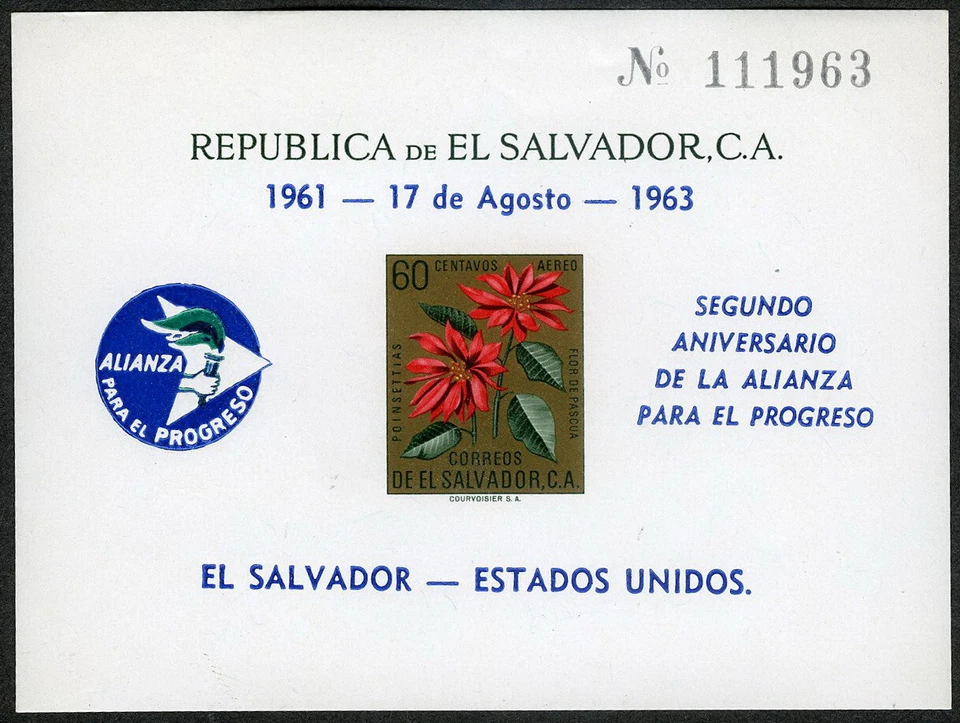 Salvador 1963 Rose Alliance Progress Ovrpt Souvenir Sheet Imperf MNH (SC# C192e) - Image 1 of 1