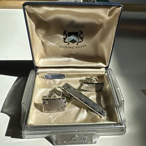 VINTAGE ANSON DIAMOND CUT STERLING SILVER HIGH POLISH CUFFLINKS AND TIE TACK - Picture 1 of 7