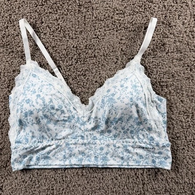 Sujetador cómodo bralette floral Lucky Brand para mujer XL blanco azul encaje Foto 1 de 4