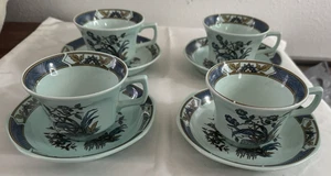 Adams China Real English Ironstone Calyx Ware Ming Toi Blue 4 Cups And Saucers - Picture 1 of 17