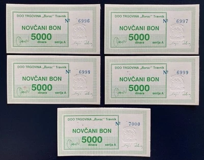 Bosnia, 5X5000 dinara, company Borac, city of Travnik UNC, consecutive numbers - Image 1 of 3