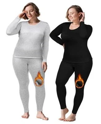  2套大码长款保暖内衣女式抓绒20 Plus黑色灰色 — 第 1/4 张图片