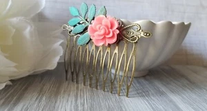 Bridal hair comb, Bronze, Vintage Style floral Rose Flower, pink patina, aqua - Picture 1 of 7
