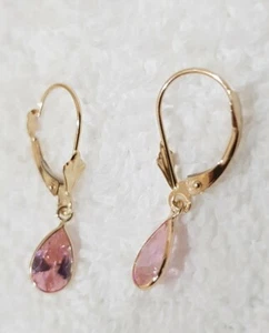 14k Yellow Gold Earrings with Pink 5×8 mm Pear Shape Stones Leverback - Picture 1 of 8