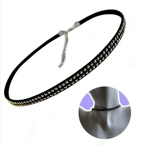 Black with Dotted Metallic Old Gold Punk Gothic Retro Choker Necklace - Picture 1 of 7