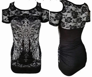 Sexy Strass geflügeltes Kreuz Rose Spitze Top RT-T910-WingCross schwarz - Bild 1 von 1