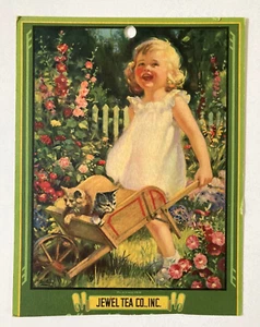 Jewel Tea Order Card & Receipt "PLAYMATES" Little Girl & Wheelbarrow w/ Kittens - Picture 1 of 10