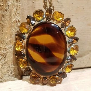 Tiger Amber Necklace Yellow Rhinestones Striped Costume Vtg 14" - Swanky Barn - Picture 1 of 12