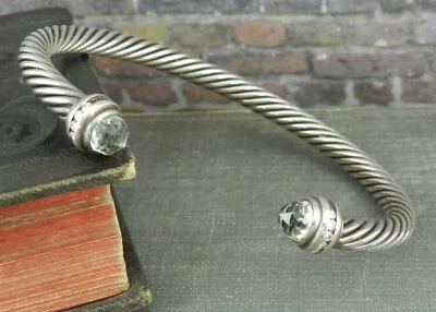 David Yurman 925 Sterling 5mm Cable Cuff Bracelet w Diamond & Green Amethyst - Image 1 of 4