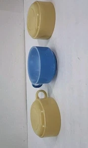 Vintage Glasbake Milk Glass Soup Mug Bowl Set Of 3 J-2711 Blue & Yellow Stack It - Picture 1 of 11