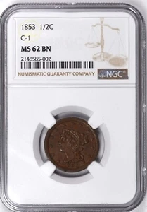 1853 BRAIDED HAIR C-1 HALF CENT 1/2C NGC MS 62 BN - Picture 1 of 2