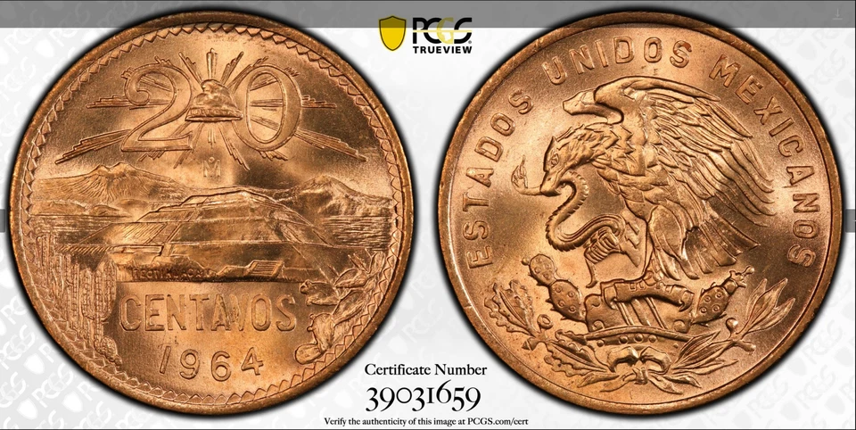 :1964 Mo 20 CENTAVOS 墨西哥太阳 PYRAMID PCGS 评级 MS66 RD 红色稀有 R4 最高等级 — 第 1/3 张图片
