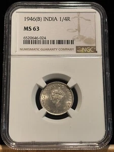 INDIA 1/4 Quarter Rupee 1946 (B), British / KGVI, NGC MS 63, Ch UNC / BU. K6 - Picture 1 of 2