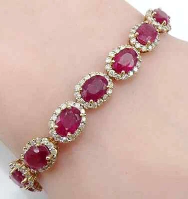 15Ct Oval Cut Lab-Created Red Ruby 14K Yellow Gold Plated Gift Bracelet - Image 1 of 4