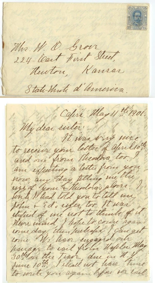 1901 PIROSCAFO POSTALE ITALIANO GIANicolo? seapost cancel Italy Sc 70 to Kansas - Image 1 of 1