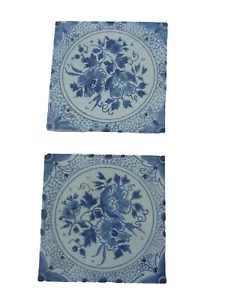 Delft Blue White Flower Tile Hand Painted Holland Signed Set of 2 - Picture 1 of 7