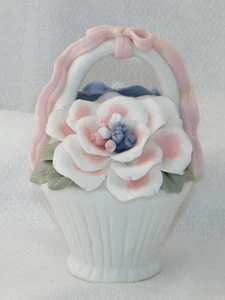 Small White Porcelain Basket w/ Purple & White Flowers & Pink Ribbon on Handle - Picture 1 of 12