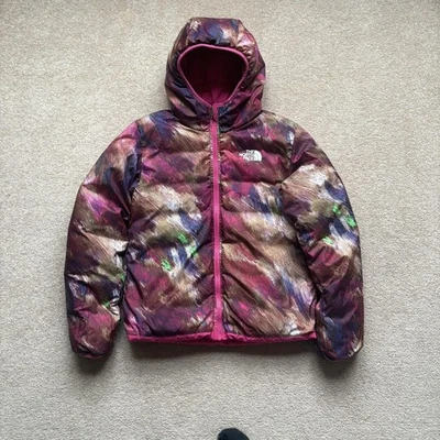 Chaqueta The North Face Niñas XL 14/16 Rosa Reversible Capucha Puffer 600 Plumón Estampado Foto 1 de 4