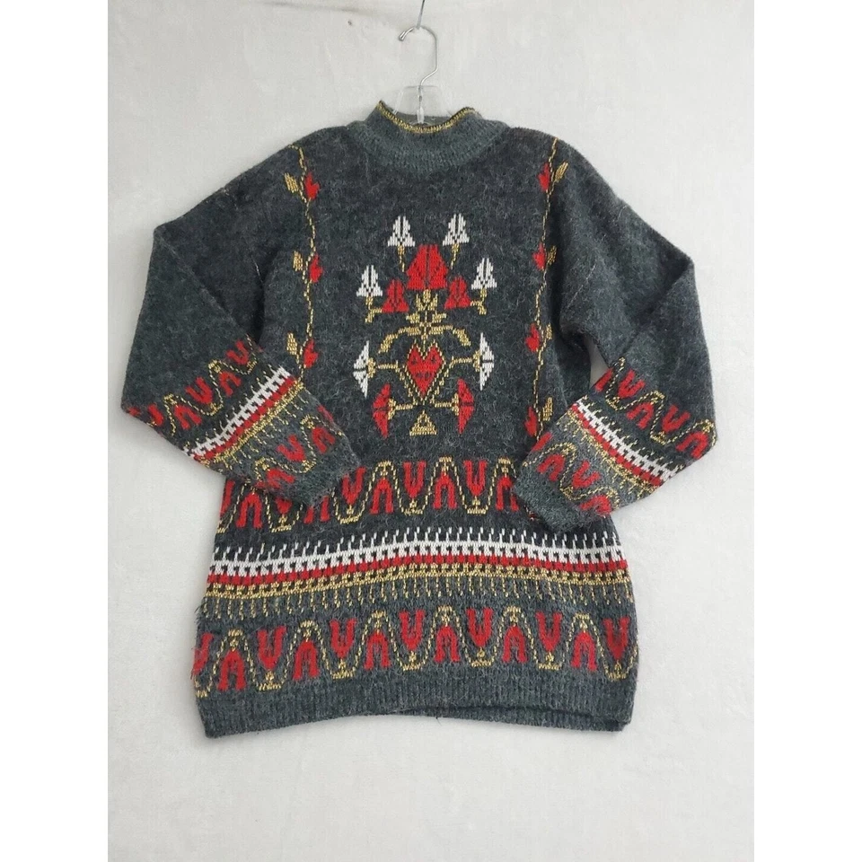 Suéter de Navidad grande vintage Bramble Lane para mujer suéter gris pulóver hombreras Foto 1 de 4