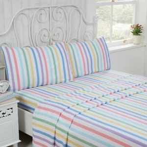 Multicolour Candy Stripe Flannelette Bed Sheet Set 100% Brushed Cotton Bedding - Picture 1 of 7