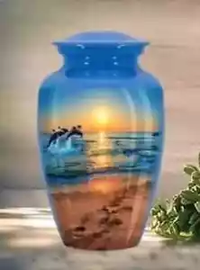 Cremation Urn 10" Memorial Footprints Dolphin Ocean For Human Ashes Adult Burial - Picture 1 of 4