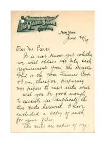 Wabash Railroad Treasurer John C. Otteson SIGNED 1919 letter to Winslow Pierce - Picture 1 of 5