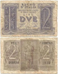 1939 KINGDOM of ITALY Wounded War Veteran "DVA" or "2 LIRE" Note WORLD WAR II - Picture 1 of 3