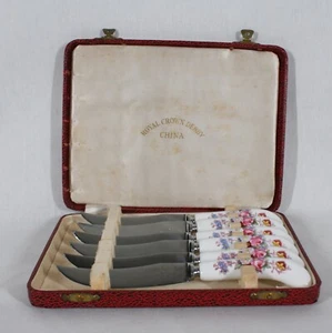 VINTAGE ROYAL CROWN DERBY ENGLISH BONE CHINA "DERBY POSIES" 6 MESSER SET IM ETUI - Bild 1 von 6