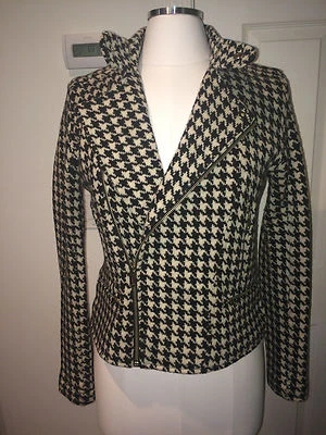 NUEVO SIN ETIQUETAS Ralph Lauren Pata de Gallo Negro Blanco Lana Moto Chaqueta con Cremallera M 6 Foto 1 de 4