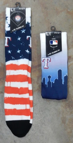 Texas Rangers 2 Pack MLB Crew Socks Large Men USA Flag Skyline Sky Stars Bars Cover