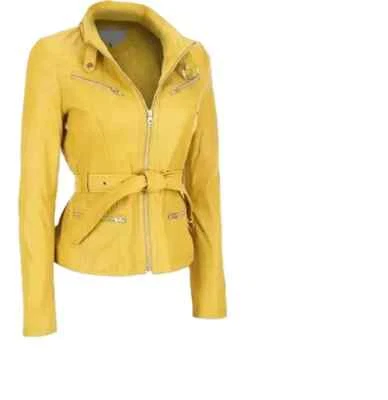 Chaqueta amarilla genuina para mujer Chaqueta de motociclista de diseñador Abrigo con cinturón Piel de cordero Foto 1 de 4