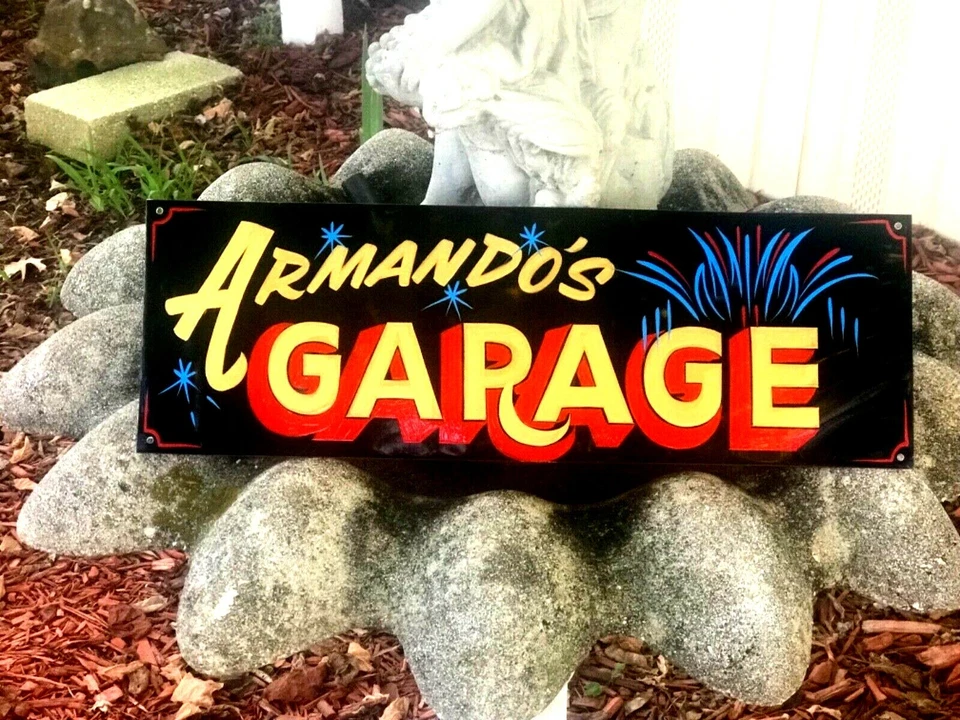 Letrero de nombre de tienda Hot Rat Rod pintado garaje personalizado vintage arte a rayas Foto 1 de 4