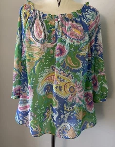 Chaps Damen Paisley Schulterfreie Boho Bluse Größe 1X Grün Blau Küste Strand - Bild 1 von 16