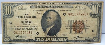 1929 $10 Federal Reserve Bank Note Ten Dollar FRBN of Chicago Fr. 1860-G - Image 1 of 4