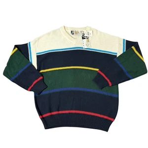 🆕 Jantzen Sport 100% Cotton Sweater Striped Navy Green Ivory Mens Size L NWT - Picture 1 of 7