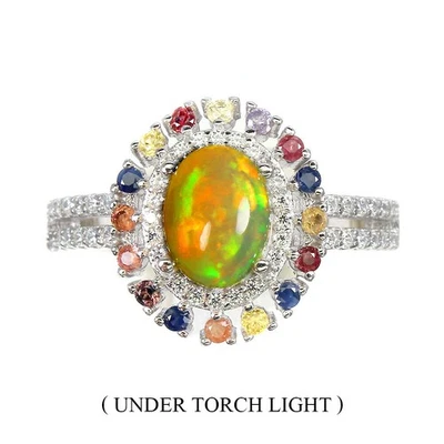 Anello San Valentino Argento 925 Ovale Opale di Fuoco 8x6mm Zaffiro Gemma... - Immagine 1 di 4