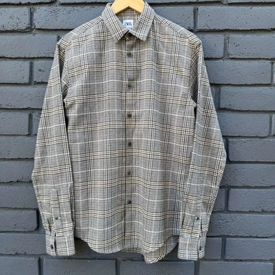 Рубашка мужская Zara Houndstooth твидовая клетчатая на пуговицах желтовато-коричневая кремово-коричневая обычный покрой S - Изображение 1 из 4