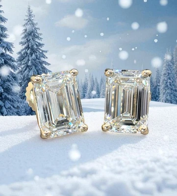 2Ct D VS1 TW Emerald Cut Diamond Studs 14k Gold Lab Grown IGI Certified - Image 1 of 4