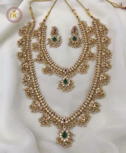 Set gioielli da sposa placcati oro collana indiani del sud orecchini perle guttapusalu - Foto 1 di 9