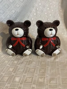 Vintage Ceramic Bookends 1979 OTAGIRI JAPAN BASKET WEAVE TEDDY BEAR Set EUC - Picture 1 of 10