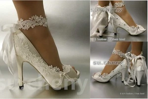 su.cheny Open peep toe heel white ivory satin ribbon Wedding Bridal heels shoes - Picture 1 of 17