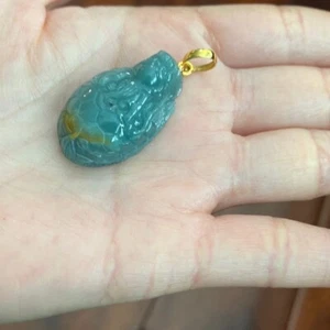 14K Solid Real Gold Natural Burma 100% Natural Jade Carved Turtle Lucky Pendant - Picture 1 of 11