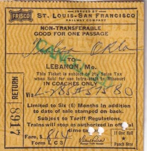 1966 SLSF Frisco Railroad train ticket - Tulsa, Oklahoma to Lebanon, Missouri - Picture 1 of 1